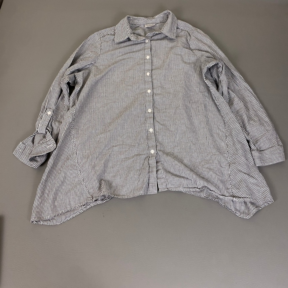 Avenue Button Up Shirt Size 14/16 Blue White Striped Sharkbite Roll Sleeve